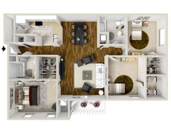 Three Bedroom, Two Bathroom Floor Plan